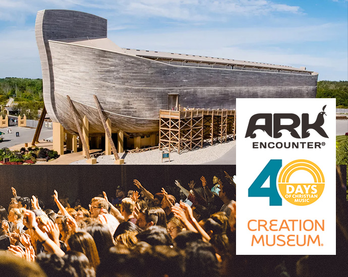 Ark Encounter, 40 Days of Christian Music, and Creation Museum Logos with imagery